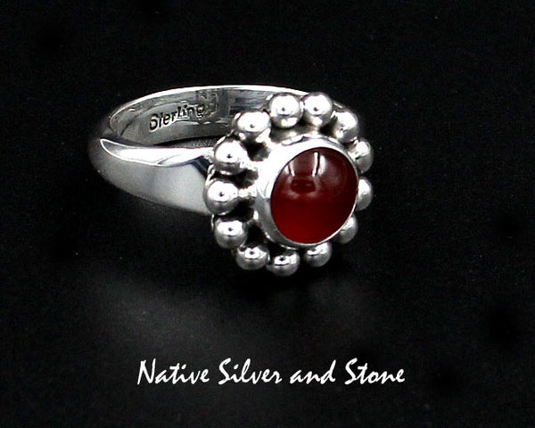 Z Artie Yellowhorse - Navajo<br>9/16" Ring<br>8mm Carnelian<br>Round<br>Single Bead<br>Sterling Silver<br>Size 8