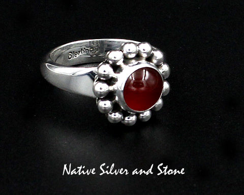 Z Artie Yellowhorse - Navajo<br>9/16" Ring<br>8mm Carnelian<br>Round<br>Single Bead<br>Sterling Silver<br>Size 8