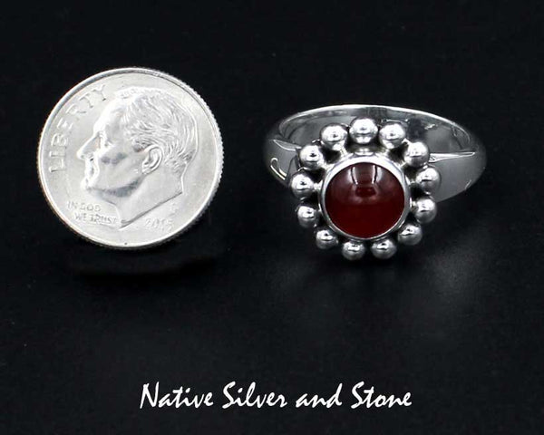 Z Artie Yellowhorse - Navajo<br>9/16" Ring<br>8mm Carnelian<br>Round<br>Single Bead<br>Sterling Silver<br>Size 8