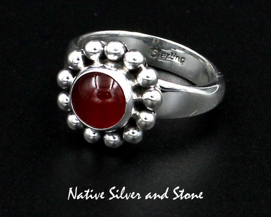 Z Artie Yellowhorse - Navajo<br>9/16" Ring<br>8mm Carnelian<br>Round<br>Single Bead<br>Sterling Silver<br>Size 8