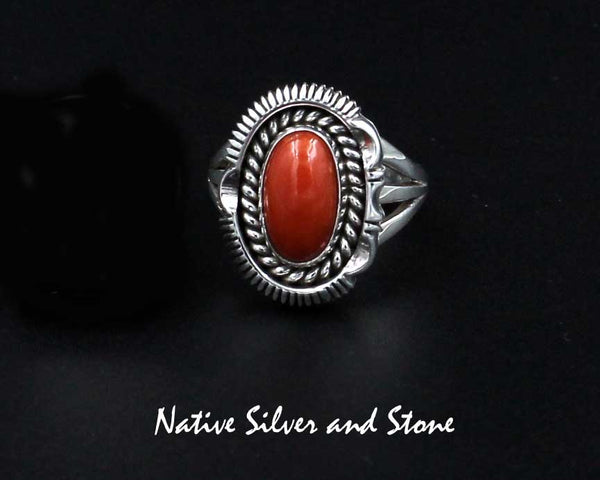 Z Artie Yellowhorse - Navajo<br>13/16" Ring<br>Small Oval<br>Oxblood Coral<br>Single Twist & Sawcut with Pinch<br>Size 7