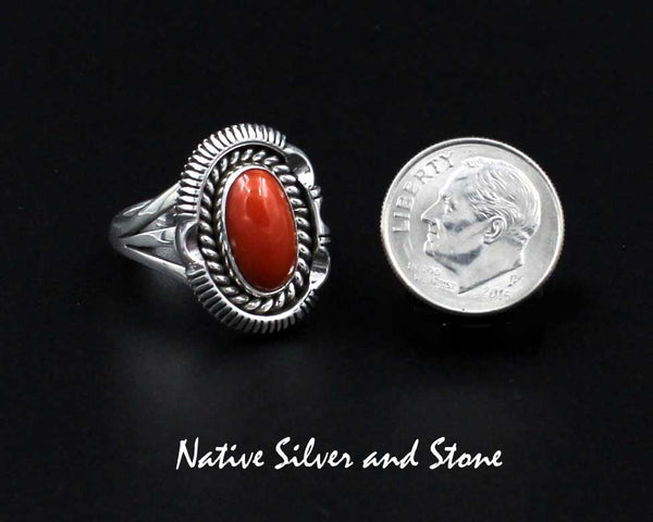 Z Artie Yellowhorse - Navajo<br>13/16" Ring<br>Small Oval<br>Oxblood Coral<br>Single Twist & Sawcut with Pinch<br>Size 7
