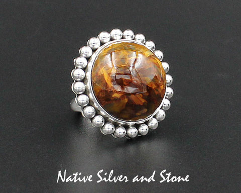 Z Artie Yellowhorse - Navajo<br>1-1/8" Ring - Round - Medium Large<br>21mm Pietersite/Pietercite<br>Gold-Brown<br>Single Bead<br>Sterling Silver<br>Size 7-3/4