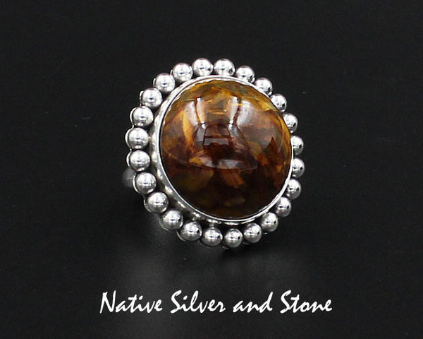Z Artie Yellowhorse - Navajo<br>1-1/8" Ring - Round - Medium Large<br>21mm Pietersite/Pietercite<br>Gold-Brown<br>Single Bead<br>Sterling Silver<br>Size 7-3/4