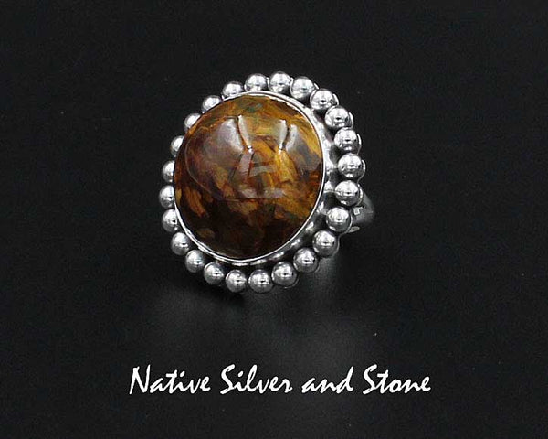 Z Artie Yellowhorse - Navajo<br>1-1/8" Ring - Round - Medium Large<br>21mm Pietersite/Pietercite<br>Gold-Brown<br>Single Bead<br>Sterling Silver<br>Size 7-3/4