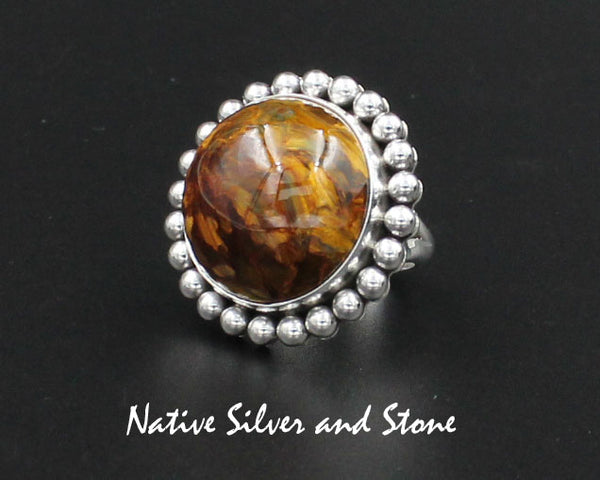 Z Artie Yellowhorse - Navajo<br>1-1/8" Ring - Round - Medium Large<br>21mm Pietersite/Pietercite<br>Gold-Brown<br>Single Bead<br>Sterling Silver<br>Size 7-3/4