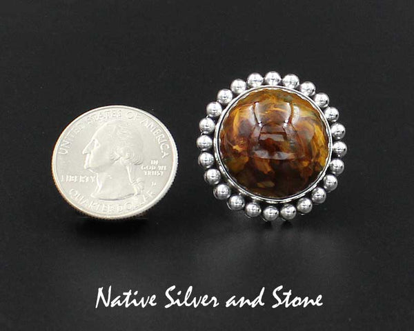 Z Artie Yellowhorse - Navajo<br>1-1/8" Ring - Round - Medium Large<br>21mm Pietersite/Pietercite<br>Gold-Brown<br>Single Bead<br>Sterling Silver<br>Size 7-3/4