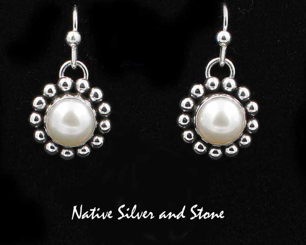 Z Artie Yellowhorse - Navajo<br>9/16" Earrings<br>8mm White<br>Freshwater Pearl<br>Single Bead<br>Hook<br>Sterling Silver