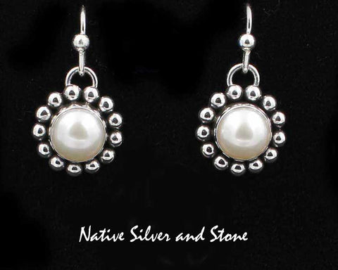 Z Artie Yellowhorse - Navajo<br>9/16" Earrings<br>8mm White<br>Freshwater Pearl<br>Single Bead<br>Hook<br>Sterling Silver