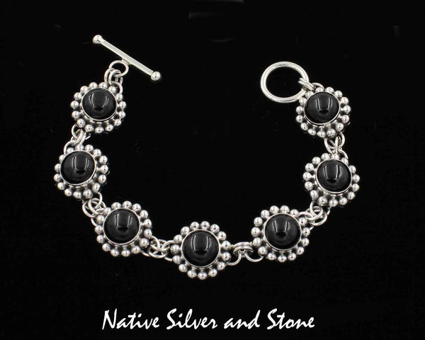 Z Artie Yellowhorse - Navajo<br>Bracelet - Link<br>10mm Onyx Rounds<br>Single Bead<br>Sterling Silver