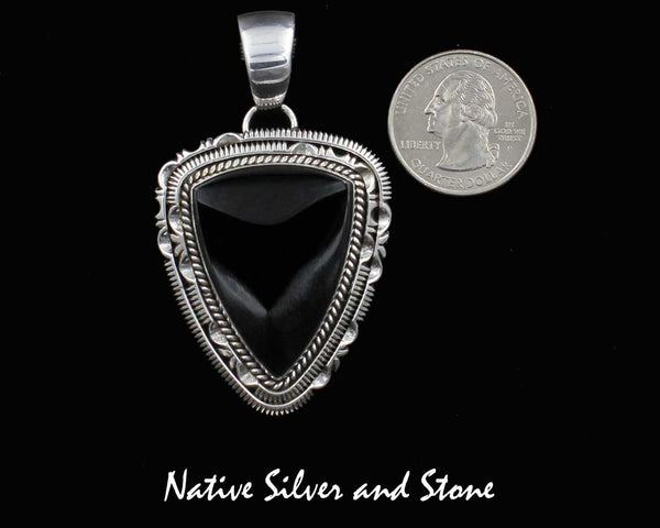 Artie Yellowhorse - Navajo<br>PDOXTDSCP<br>1-3/4" Pendant <br>Onyx Soft Triangle<br>Single Twist & Double Sawcut w Pinches<br>Sterling Silver Perimeter