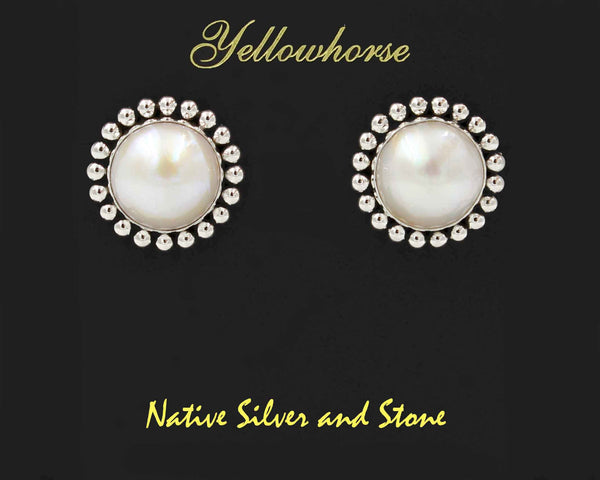 Artie Yellowhorse - Navajo<br>1" Earrings<br>17mm White<br>Mabe Pearl<br>Single Bead<br>Post<br>Sterling Silver