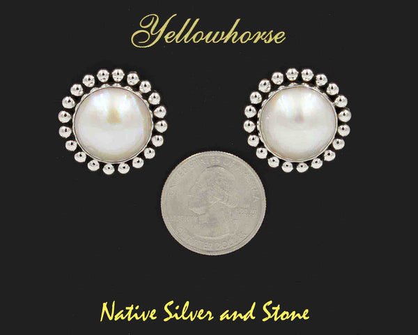 Artie Yellowhorse - Navajo<br>1" Earrings<br>17mm White<br>Mabe Pearl<br>Single Bead<br>Post<br>Sterling Silver