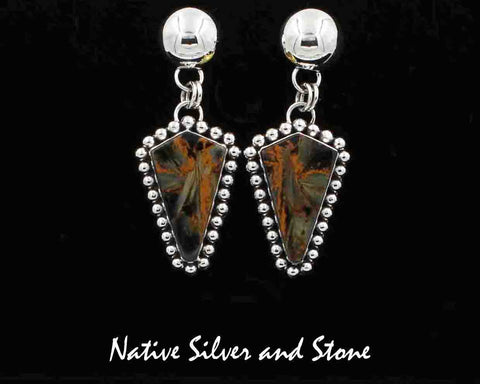 Z Artie Yellowhorse - Navajo<br>2-1/4" Earrings<br>Pietersite/Pietercite<br>Medium Freeform<br>Brown-Gold-Olive<br>Medium Freeform<br>Single Bead & Dome Top<br>Sterling Silver