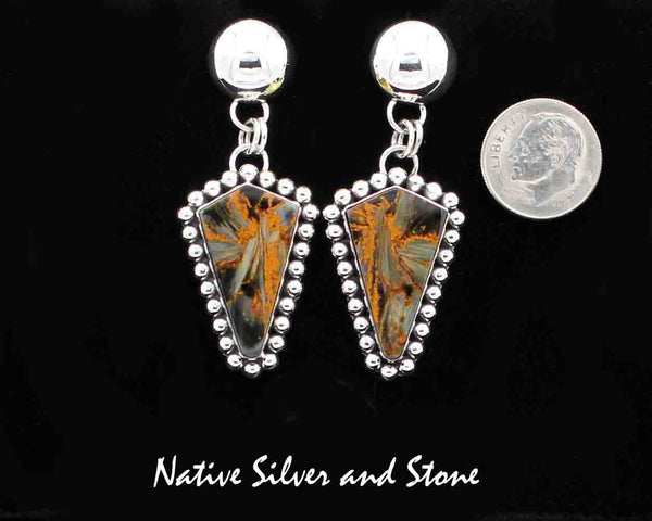 Z Artie Yellowhorse - Navajo<br>2-1/4" Earrings<br>Pietersite/Pietercite<br>Medium Freeform<br>Brown-Gold-Olive<br>Medium Freeform<br>Single Bead & Dome Top<br>Sterling Silver