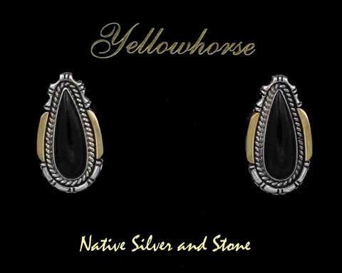 Z Artie Yellowhorse - Navajo<br>1" Earrings - Post/Stud<br>Narrow Teardrop Onyx<br>Single Silver Twist &<br>Sawcut Silver w Pinches &  14k Gold