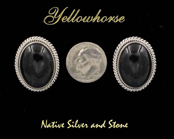Artie Yellowhorse - Navajo<br>1" Earrings<br>Onyx Medium-Large Vertical Oval<br>Double Twist - Large & Small<br>Post<br>Sterling Silver