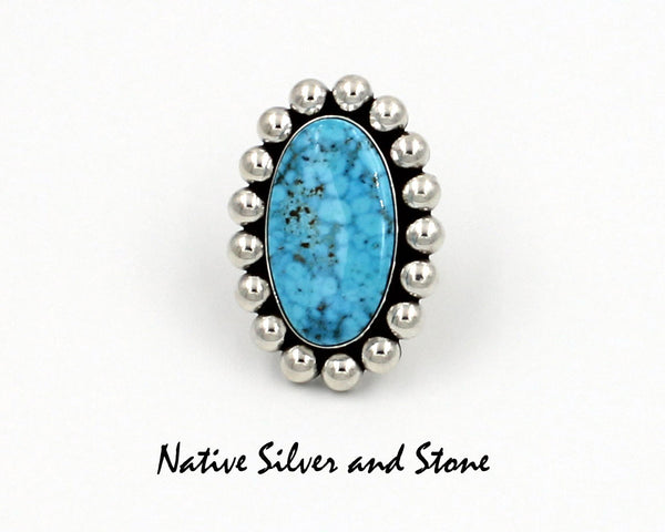 Z Artie Yellowhorse - Navajo Jewelry<br>Ring - Large Oval - Kingman Turquoise<br>with Large Sterling Silver Beaded Perimeter Size 7.5