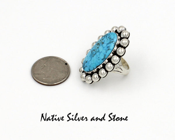 Z Artie Yellowhorse - Navajo Jewelry<br>Ring - Large Oval - Kingman Turquoise<br>with Large Sterling Silver Beaded Perimeter Size 7.5