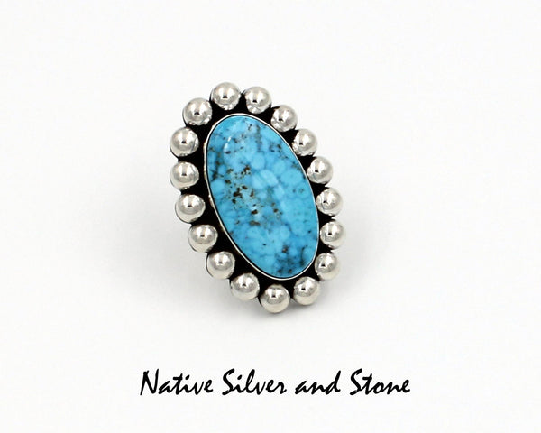 Z Artie Yellowhorse - Navajo Jewelry<br>Ring - Large Oval - Kingman Turquoise<br>with Large Sterling Silver Beaded Perimeter Size 7.5