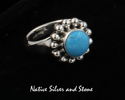 Artie Yellowhorse - Navajo<br>RGTSB<br>5/8" Ring<br>8mm Round<br>Turquoise - Sleeping Beauty<br>Single Bead<br>Sterling Silver Sizes 7 &  7-1/2