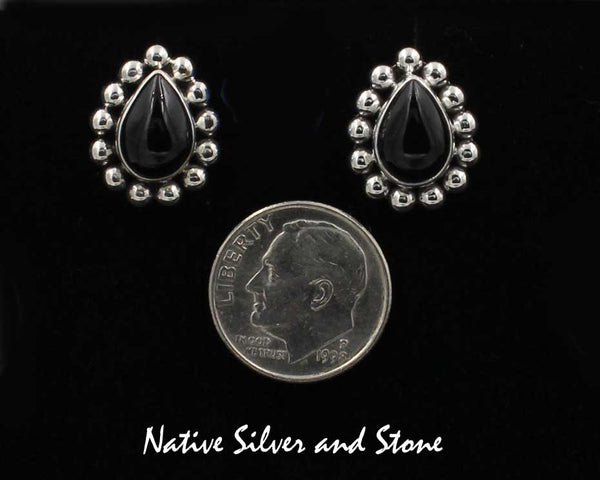 Artie Yellowhorse - Navajo<br>5/8" Earrings - Hook<br>Onyx<br>Teardrop/Pear - Small <br>Single Bead Perimeter<Sterling Silver