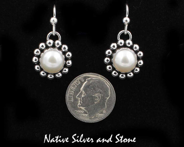 Z Artie Yellowhorse - Navajo<br>9/16" Earrings<br>8mm White<br>Freshwater Pearl<br>Single Bead<br>Hook<br>Sterling Silver