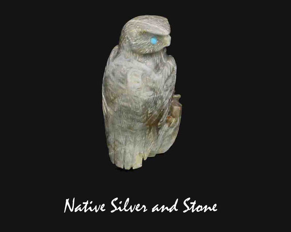 Z Owl on Log<br>Zuni Fetish Carving<br>Arvella Cheama<br>Picasso Marble with Turquoise Accents