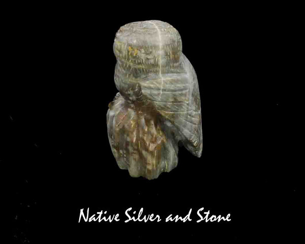 Z Owl on Log<br>Zuni Fetish Carving<br>Arvella Cheama<br>Picasso Marble with Turquoise Accents