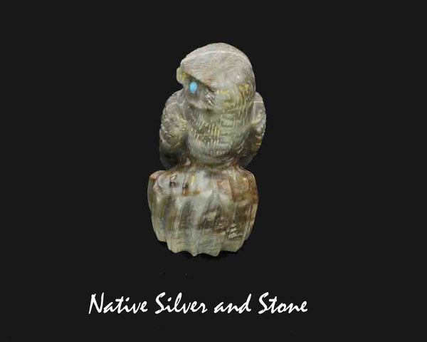 Z Owl on Log<br>Zuni Fetish Carving<br>Arvella Cheama<br>Picasso Marble with Turquoise Accents