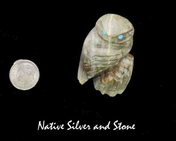 Z Owl on Log<br>Zuni Fetish Carving<br>Arvella Cheama<br>Picasso Marble with Turquoise Accents