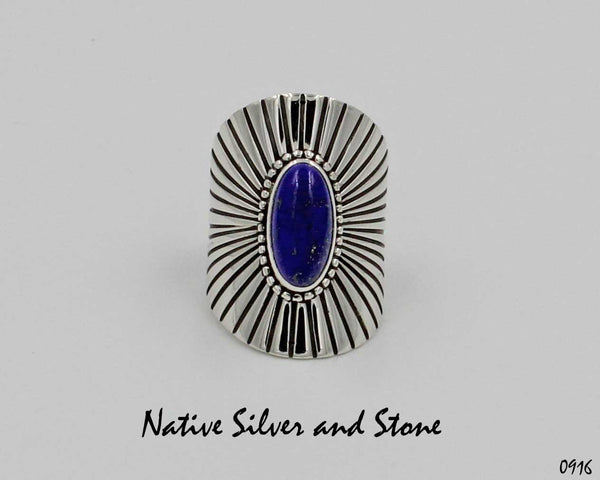 Navajo Jewelry<br>Handmade Ring<br>Sterling Silver "Shield"/"Sunburst"<br>Lapis Oval Cabachon<br>Size 7-1/2