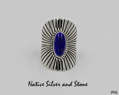 Navajo Jewelry<br>Handmade Ring<br>Sterling Silver "Shield"/"Sunburst"<br>Lapis Oval Cabachon<br>Size 7-1/2