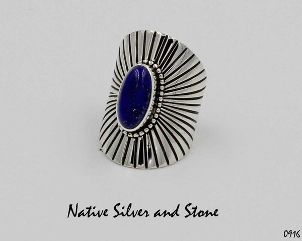 Navajo Jewelry<br>Handmade Ring<br>Sterling Silver "Shield"/"Sunburst"<br>Lapis Oval Cabachon<br>Size 7-1/2