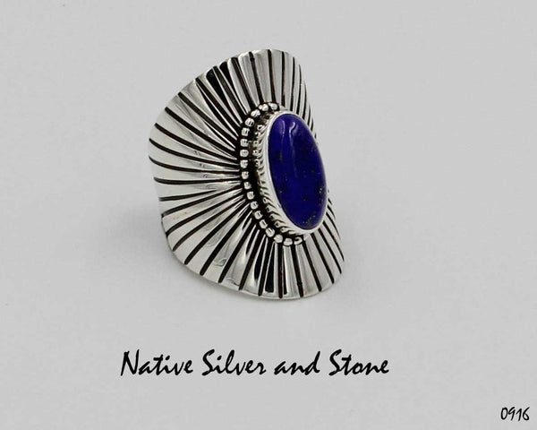 Navajo Jewelry<br>Handmade Ring<br>Sterling Silver "Shield"/"Sunburst"<br>Lapis Oval Cabachon<br>Size 7-1/2