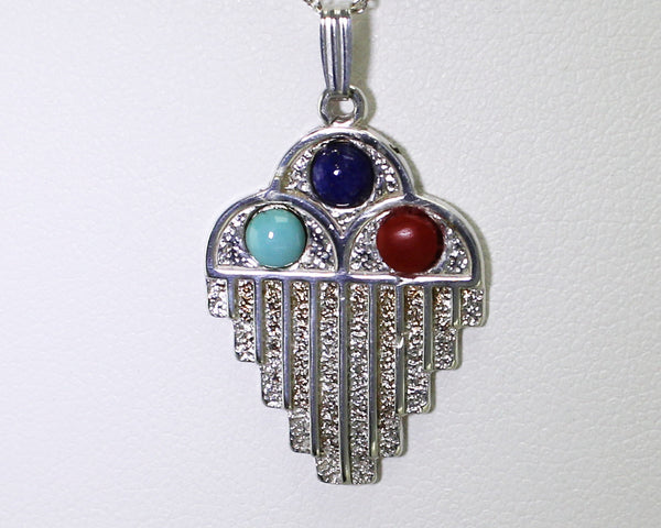 Z Bennard & Frances Dallasvuyaoma<br>Raincloud Pendant w Chain<br>Hopi/Pima Silver with<br>Turquoise, Lapis, & Coral Dots<br>18" Silver Box Chain