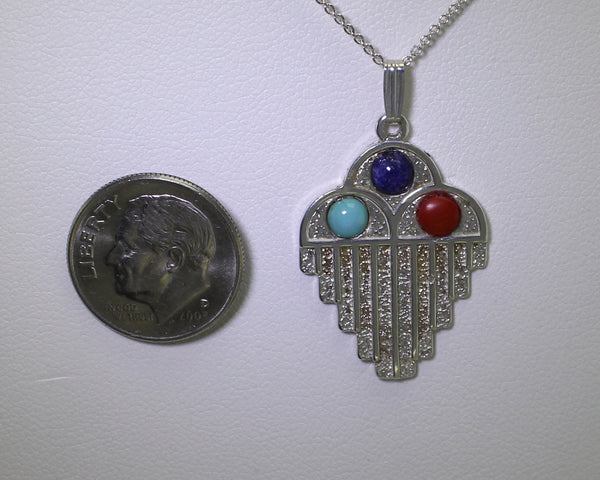 Z Bennard & Frances Dallasvuyaoma<br>Raincloud Pendant w Chain<br>Hopi/Pima Silver with<br>Turquoise, Lapis, & Coral Dots<br>18" Silver Box Chain