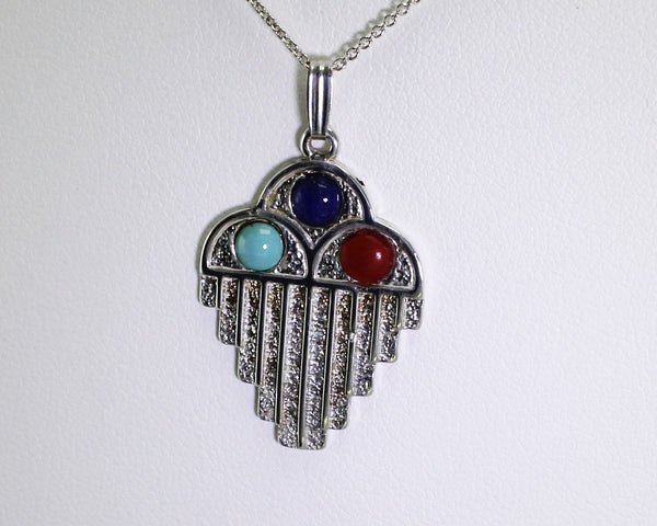 Z Bennard & Frances Dallasvuyaoma<br>Raincloud Pendant w Chain<br>Hopi/Pima Silver with<br>Turquoise, Lapis, & Coral Dots<br>18" Silver Box Chain