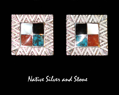 Bennard & Frances Dallasvuyaoma Hopi/Pima<br>13/16" Earrings Sandcast Basketweave<br>(4) Multi-Inlay Squares<br>Lapis, Turquoise, Apple Coral<br>& White Mother of Pearl<br> Sterling Silver