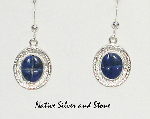Bennard & Frances Dallasvuyaoma (Hopi/Pima)<br>1-1/8" Earrings <br>Lapis Lazuli w Quad Cuts<br>Hook<br>Sterling Silver