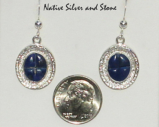 Bennard & Frances Dallasvuyaoma (Hopi/Pima)<br>1-1/8" Earrings <br>Lapis Lazuli w Quad Cuts<br>Hook<br>Sterling Silver