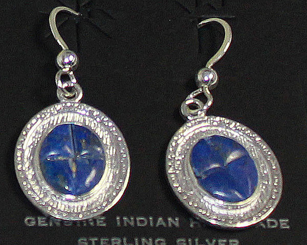 Bennard & Frances Dallasvuyaoma (Hopi/Pima)<br>1-1/8" Earrings <br>Lapis Lazuli w Quad Cuts<br>Hook<br>Sterling Silver