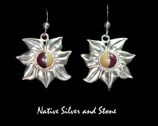 Bennard & Frances Dallasvuyaoma Hopi/Pima<br>7/8" Earrings Sun Flower<br>Eudialite & Gold Opal<br>Sterling Silver