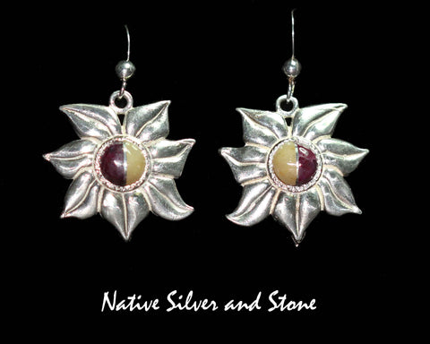 Bennard & Frances Dallasvuyaoma Hopi/Pima<br>7/8" Earrings Sun Flower<br>Eudialite & Gold Opal<br>Sterling Silver