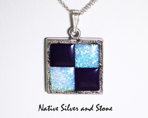 Bennard & Frances Dallasvuyaoma<br>Hopi/Pima<pr>Quad Square Inlay Pendant<br>Sugilite & Synthetic Lab Opal<br>18" Silver Box Chain