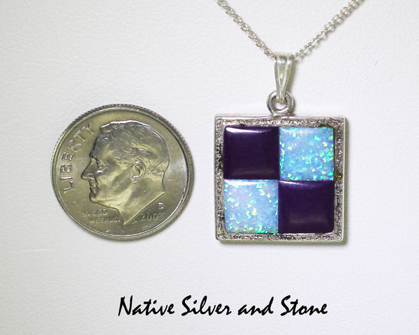 Bennard & Frances Dallasvuyaoma<br>Hopi/Pima<pr>Quad Square Inlay Pendant<br>Sugilite & Synthetic Lab Opal<br>18" Silver Box Chain