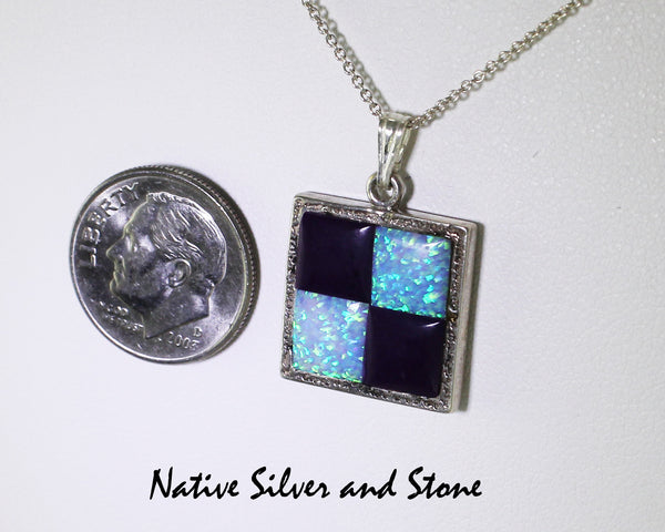Bennard & Frances Dallasvuyaoma<br>Hopi/Pima<pr>Quad Square Inlay Pendant<br>Sugilite & Synthetic Lab Opal<br>18" Silver Box Chain