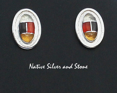 Z Bennard & Frances Dallasvuyaoma (Hopi/Pima)<br>Earrings Post - Vertical Ovals<br>Opals & Sunstone Multi-Inlay<br>4 Segments