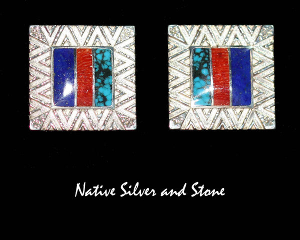Bennard & Frances Dallasvuyaoma Hopi/Pima<br>13/16" Earrings Sandcast Basketweave<br>(3) Channels Multi-Inlay Squares<br>Lapis, Turquoise, Apple Coral<br>Post<br>Sterling Silver
