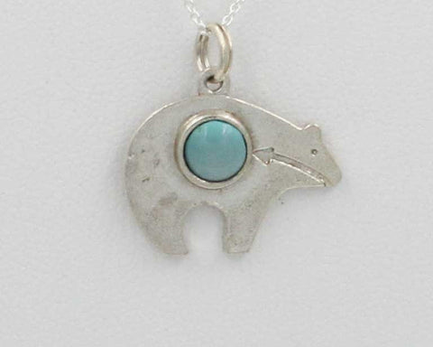 Z Bear Pendant 0816 w Chain<br>Bennard & Frances Dallasvuyaoma<br>Hopi/Pima<br> Two-Sided Silver w Turquoise Dot<br>18" Silver Box Chain